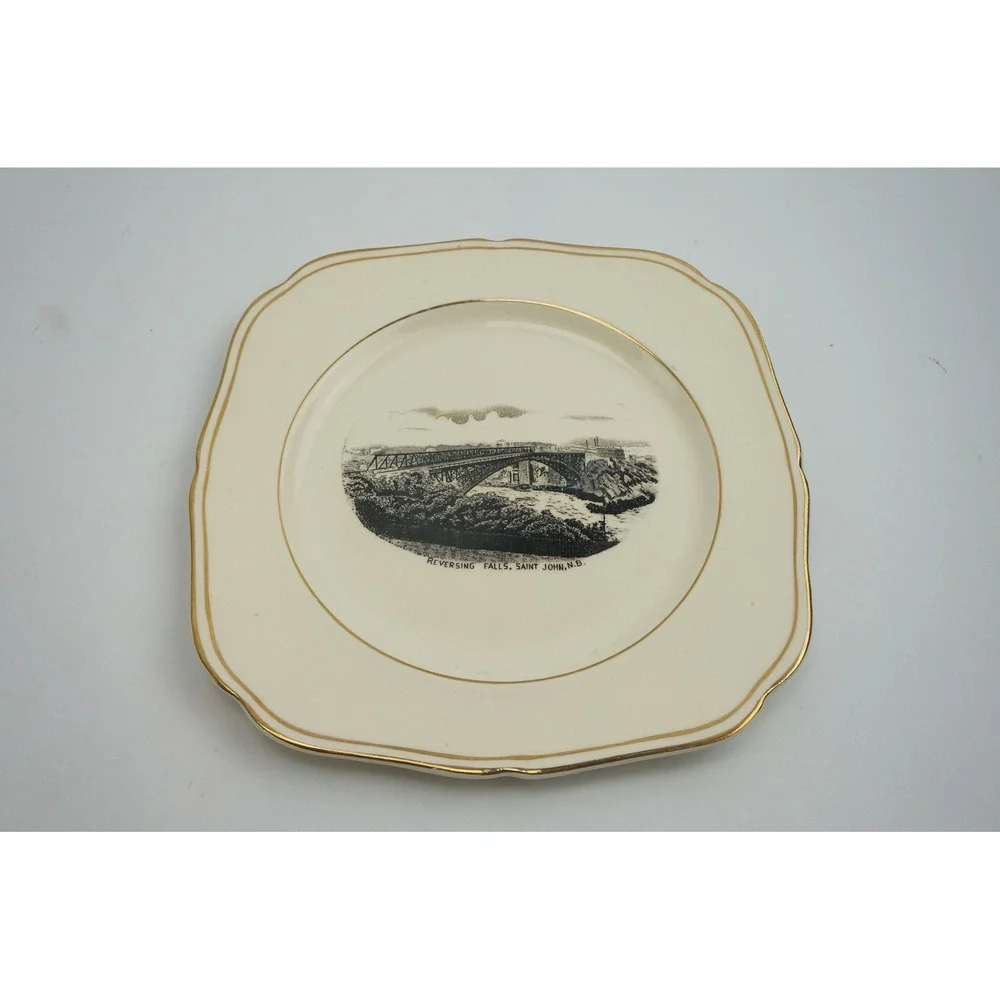 Holkirk Plate Reversing Falls Saint John NB Square Gold Rim England Good